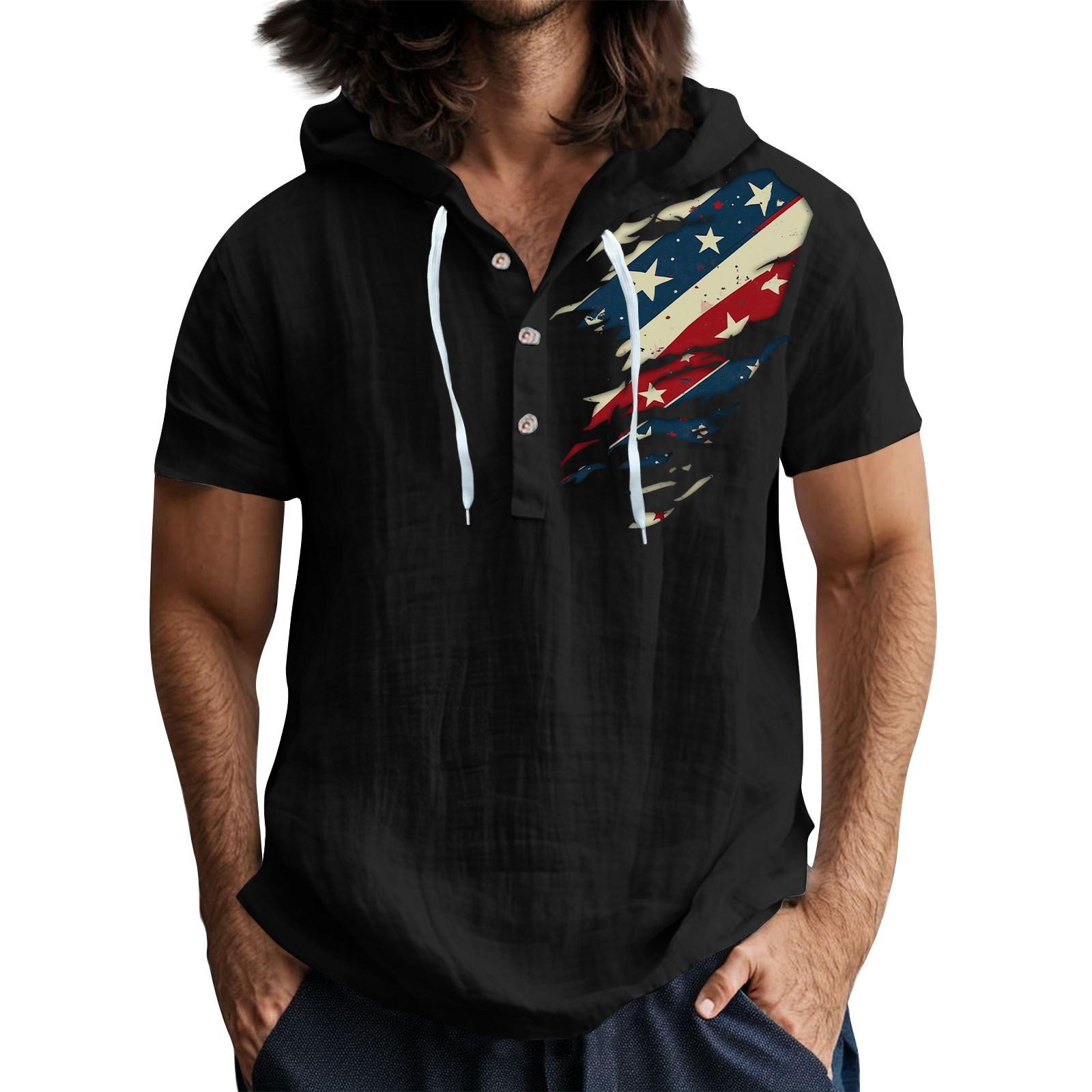 Men S Casual Short Sleeved Hooded Top Buttoned Open Neck T-Shirt L
