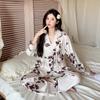 Ice Silk Pajamas Women's Warm Season and Autumn Cardigan Lace Up Set Ice Silk Sweet Print Pajamas Set Pajamas
