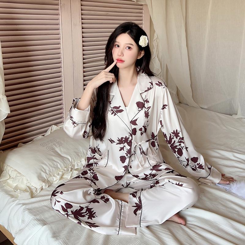 Ice Silk Pajamas Women's Warm Season and Autumn Cardigan Lace Up Set Ice Silk Sweet Print Pajamas Set Pajamas