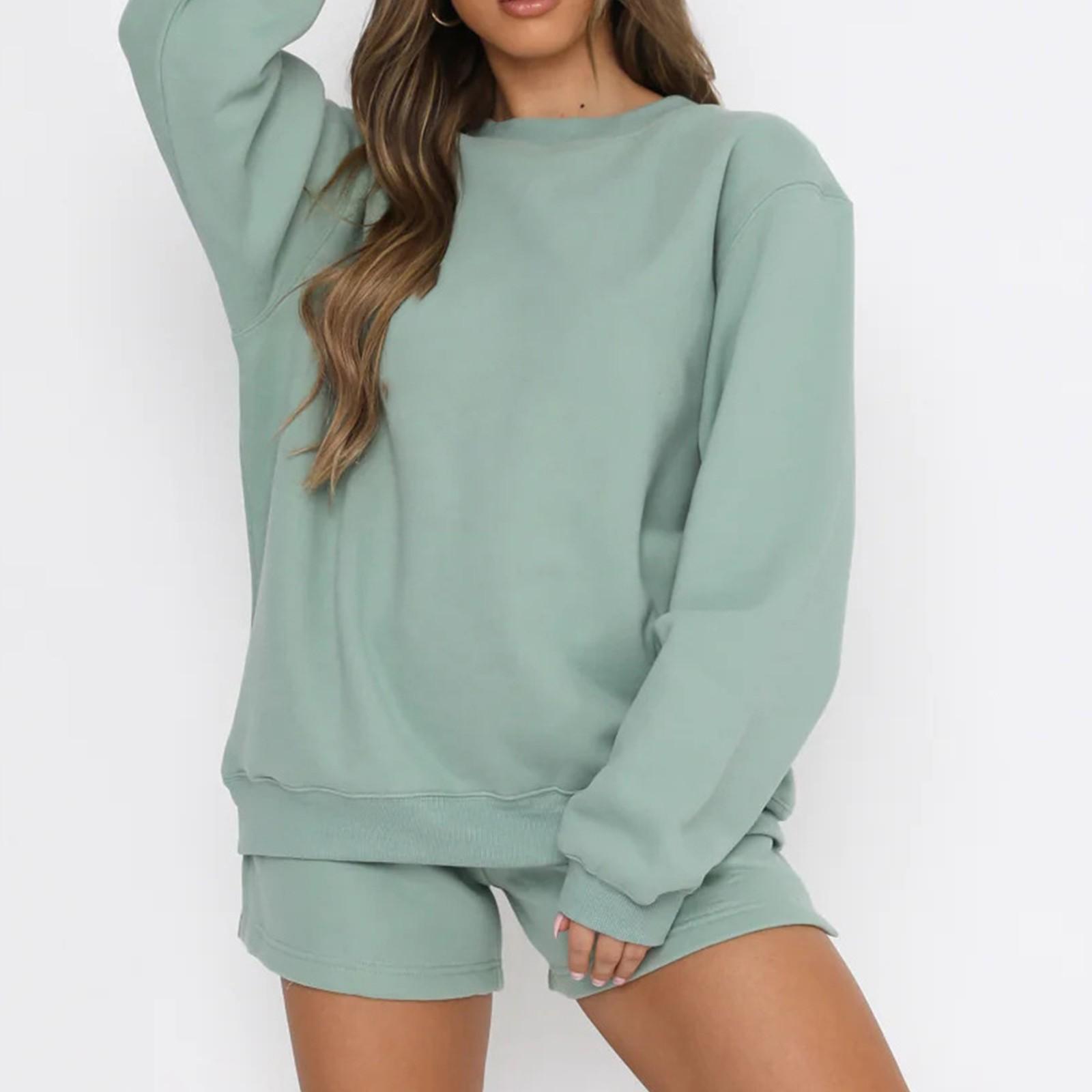 

Женский удобный повседневный модный однотонный свитшот с круглым вырезом и шорты, комплект из двух предметов M