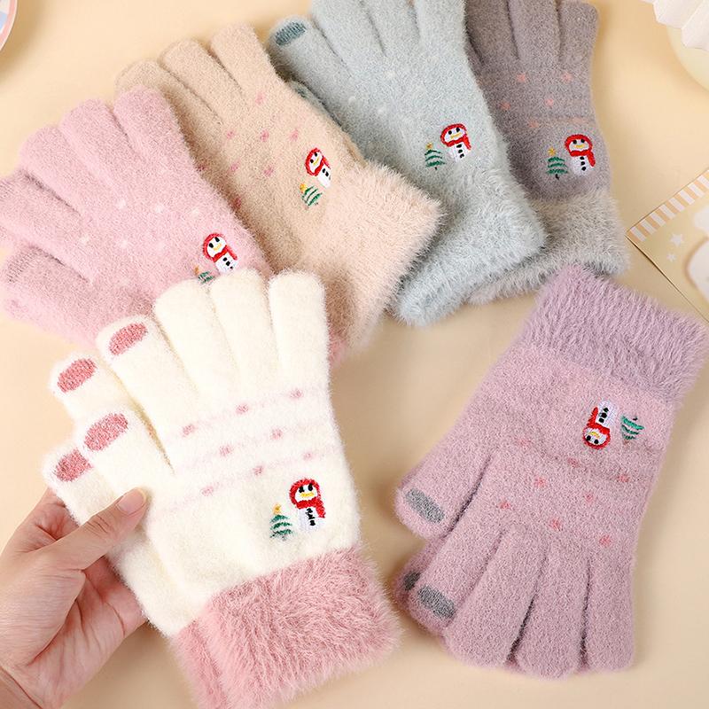Autumn And Winter Knitted Plush Gloves Outdoor Cycling Windproof Warm Thick Cute Cartoon Touch Screen Gloves