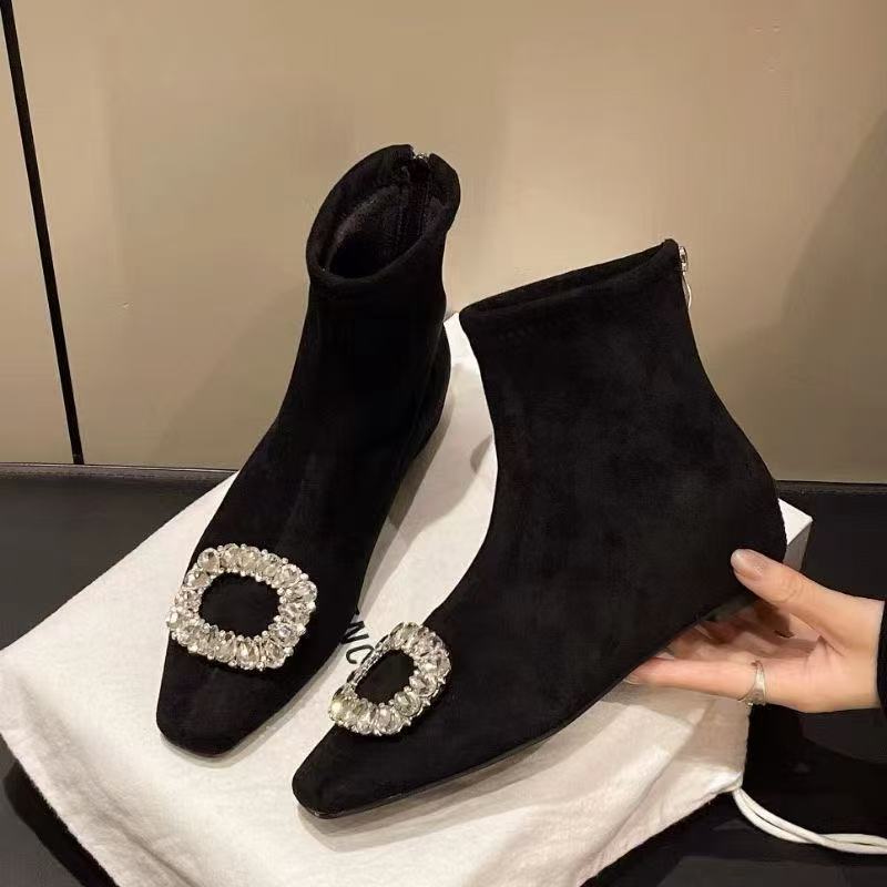 

8071-1 Black Square Head Short Boots Women s 2025 Winter New Square Buckle Rhinestone Elastic Socks Boots Thick Heel Skinny Boots Women 40 чорний