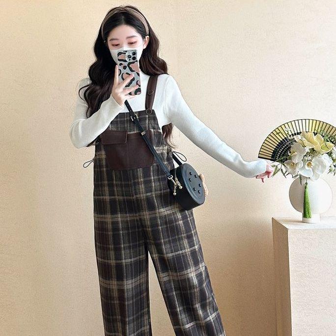 

2025 New Velvet-Lined Plaid Maternity Overalls | Autumn/Winter Fashion | Age-Reducing, Loose Fit, Slimming Strappy Long Pants XL