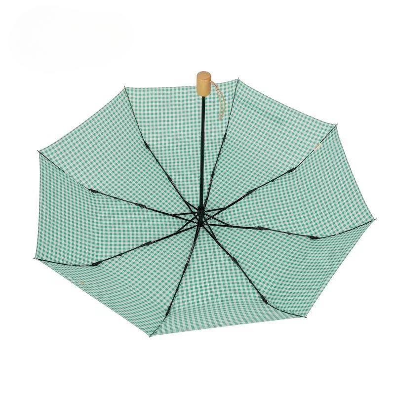 Japanese Plaid Three-Fold Umbrella Wooden Handle Parasol Manual Folding Fresh Portable Umbrella