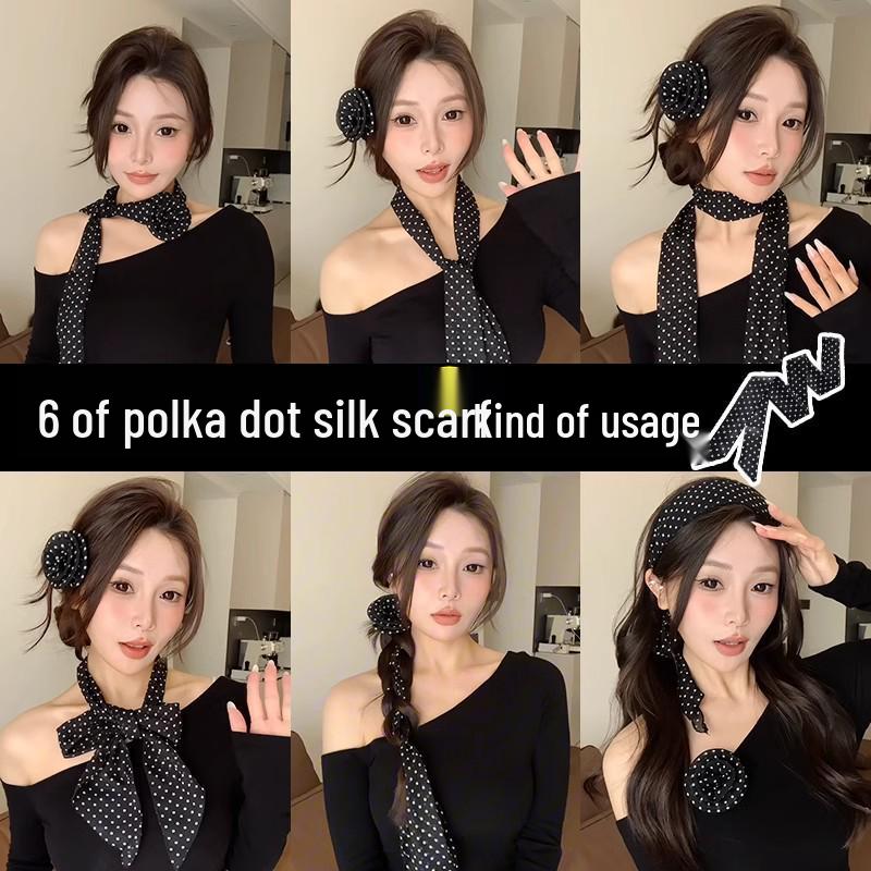 Women's French Retro Black Polka Dot Silk Scarf - 2025 High-End Layered Ribbon Hair Tie & Square Scarf Accessory