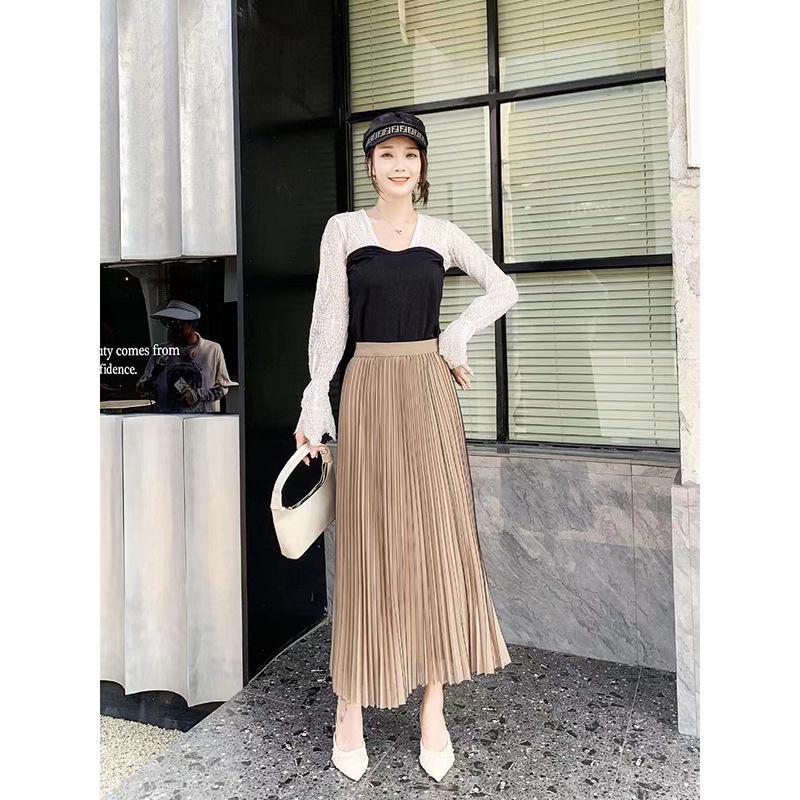 2023 Autumn/Winter Double-Sided Pleated A-Line Midi Skirt for Women