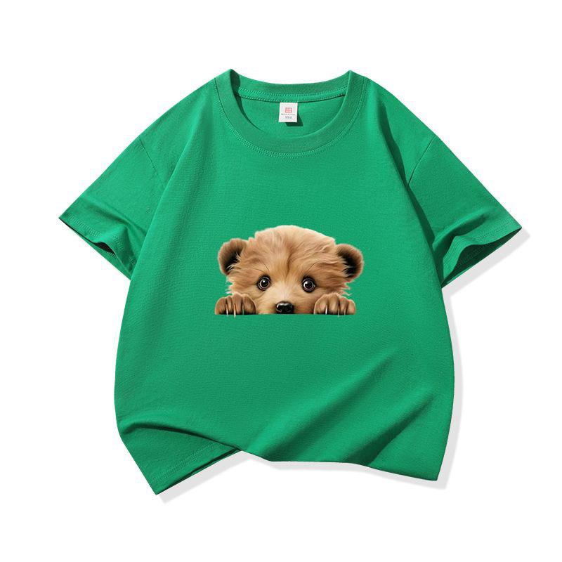 Kids Cotton T Shirt Cute Peeking Bear Cub Print Crew Neck Short Sleeve Tee Casual Breathable Boys Girls Summer Tops