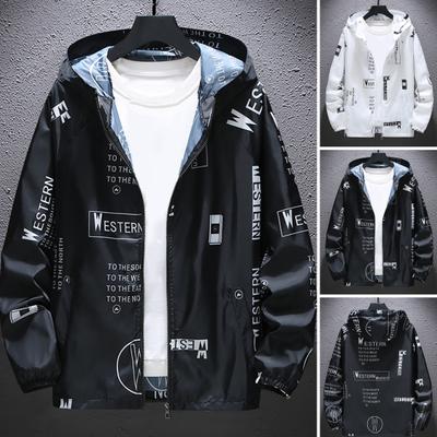 Herrenjacke mit Kapuze, Reißverschluss, UV-Schutz, atmungsaktiv, winddicht, für den täglichen Gebrauch, elastische Bündchen, Buchstabendruck, Jackenmantel für den Alltag
