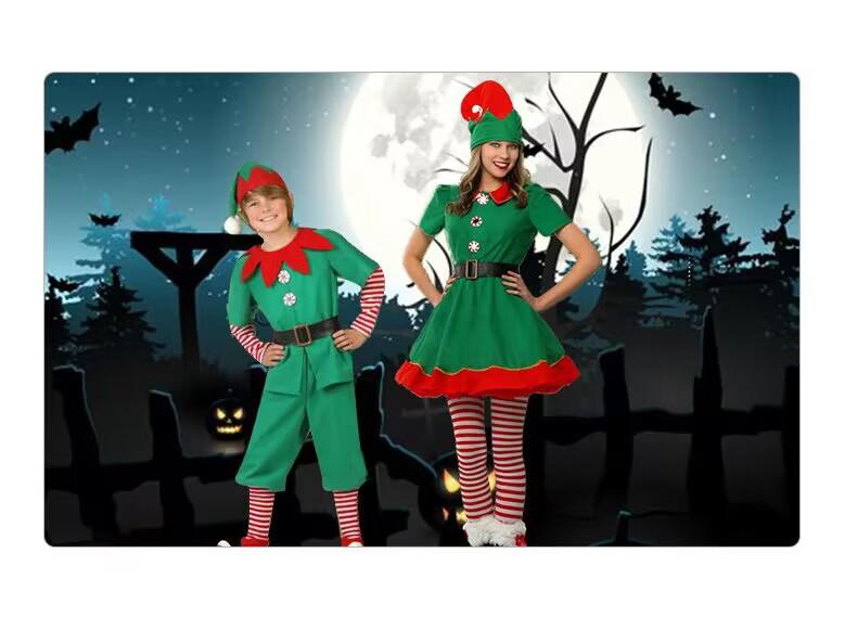 Kids' Christmas Elf Costume - Unisex Parent-Child Green Cosplay Outfit for Holiday Parties