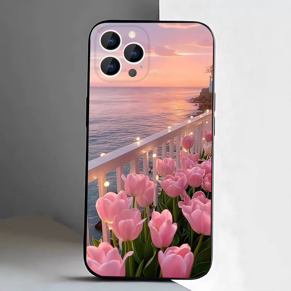 Tulip flower Phone Case For iPhone 17,16,15,14,13,12,Pro,Max,Plus,E,SE4,Air,Mini Black Soft Box