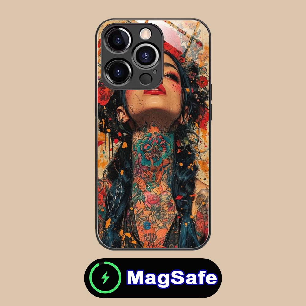 Retro Tattoo Girl Mobile Phone Case for iPhone 17 16 15 14 13 12 11 Air Pro Max Plus Mini MagSafe Glass Colorful Cover Pretty