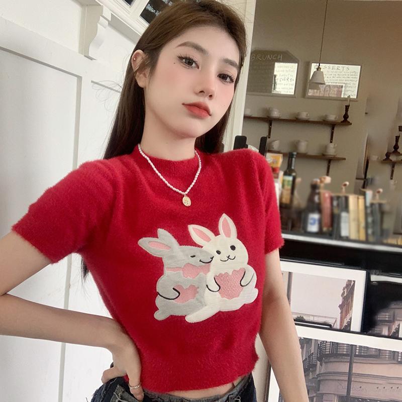 

Летняя женская футболка с принтом кролика, милые повседневные топы с короткими рукавами One Size