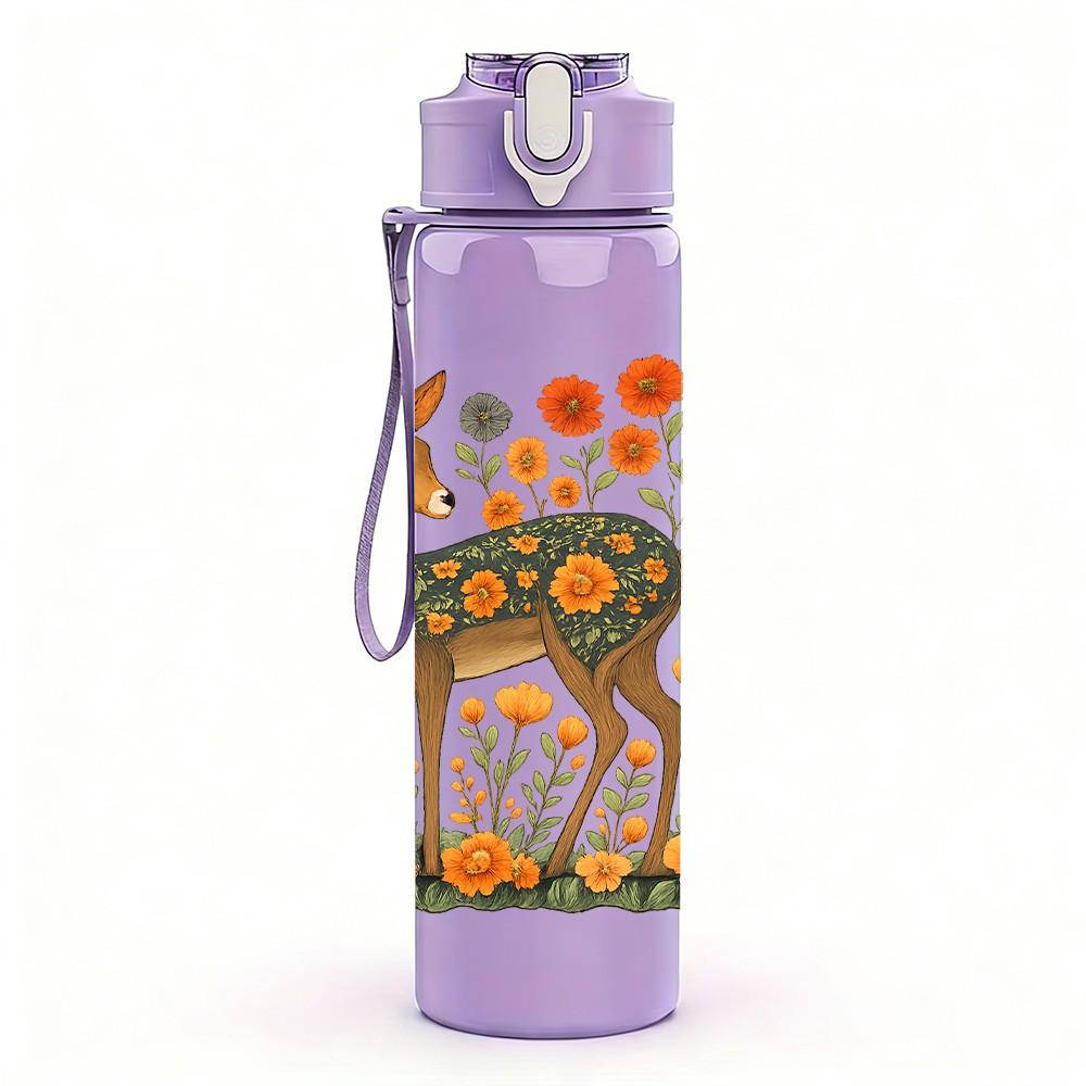 1PC Floral Deer Illustration 750ml Color Plastic Sports Water Bottle Leakproof Flip Straw Lid Suitable for Sports Office Home Use