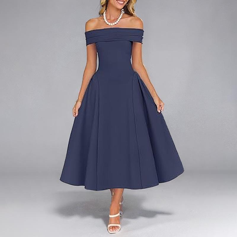 Summer Women's Fashion Off-shoulder Sexy Style One-length Solid Color Dress for Women