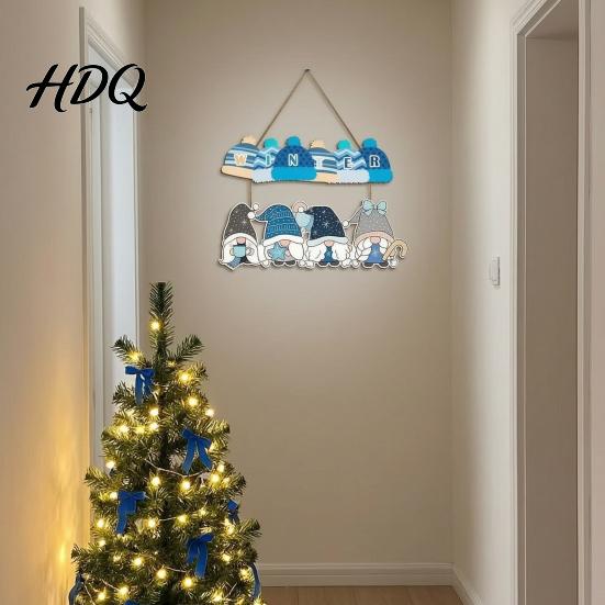 Cartoon Gnome Wall Art Christmas Wooden Welcome Hanging Sign Elf Decor with Gift Bell Door Sign Charms Rustic Farmhouse Ornament for Indoor Outdoor