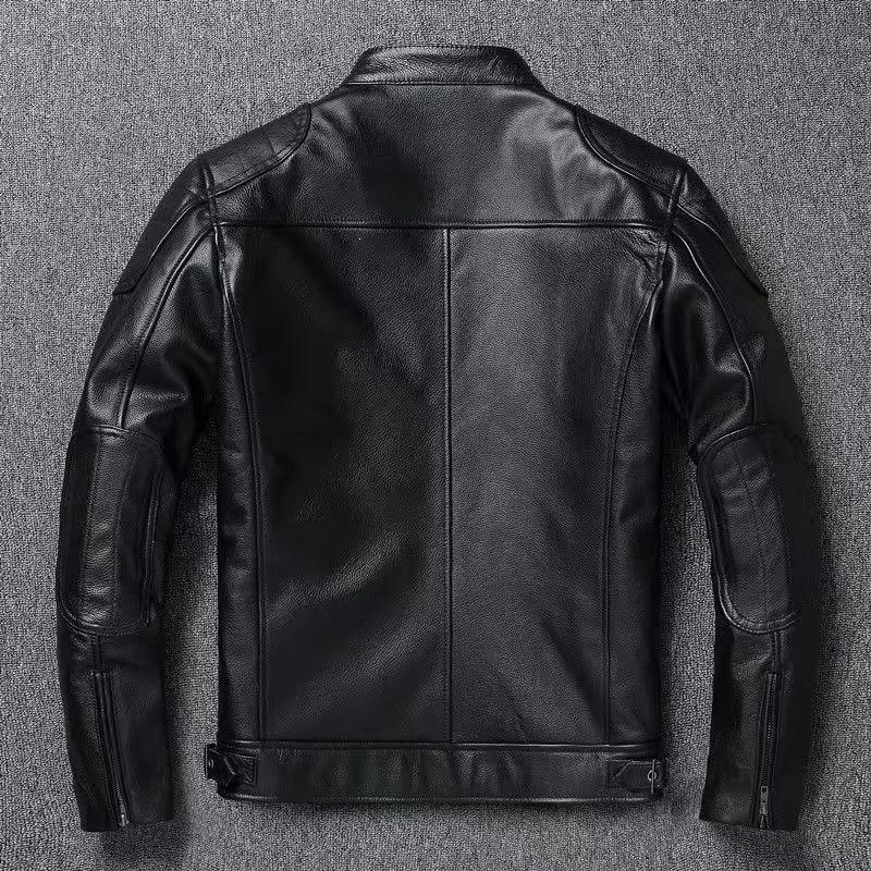 New retro cowhide pattern jacket retro and old leather jacket men's stand-up collar locomotive clothing short slim jacket jacket trendy