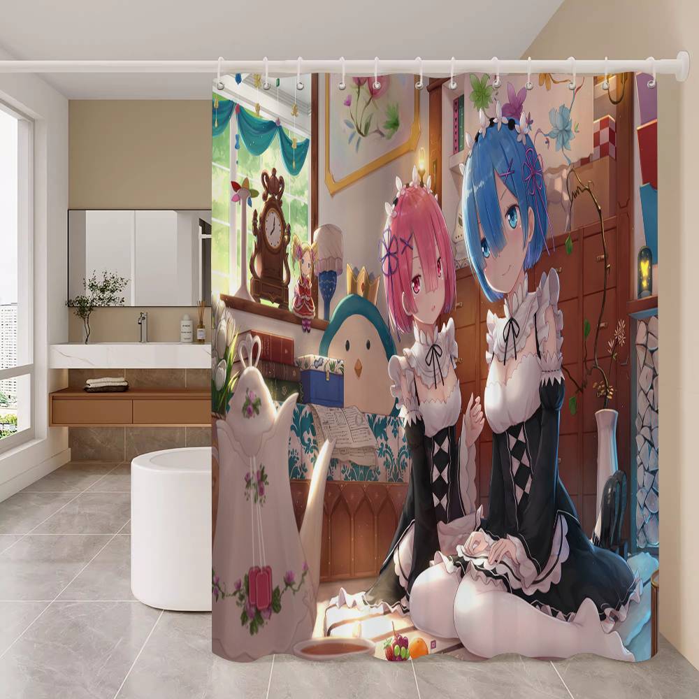 Rideau de douche blanc Rem Re Zero Anime pour le jeu, Rideau de douche décoratif pour salle de bain, Rideau de douche imperméable avec crochets