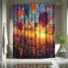 Sunset Hot Air Balloon Shower Curtain Set, City Background, 12 Hooks, Polyester, Bathtub Partition, Modern Bathroom Decor
