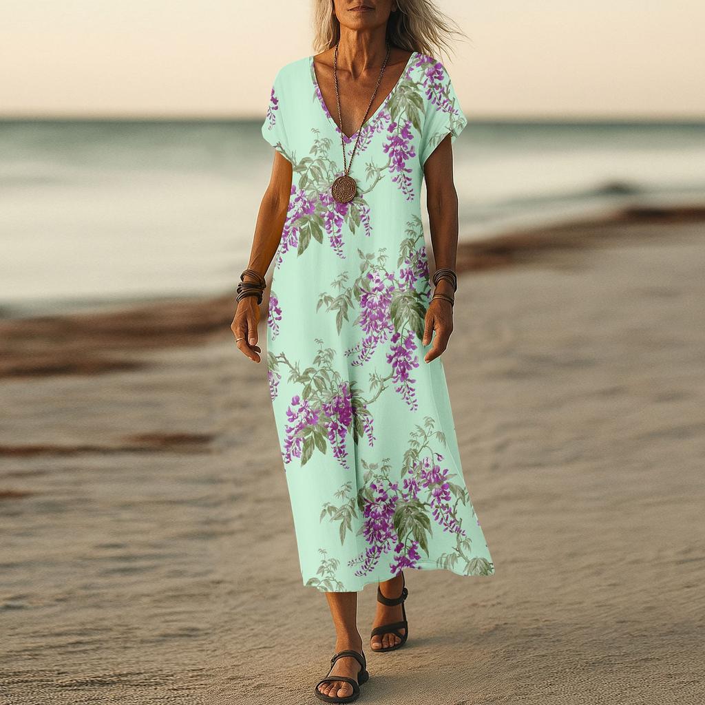 Summer Dress Women's Long Boho Beach Dress Elegant Maxi Dress V-Neck Short Sleeve Summer Tunic Dress Light Airy