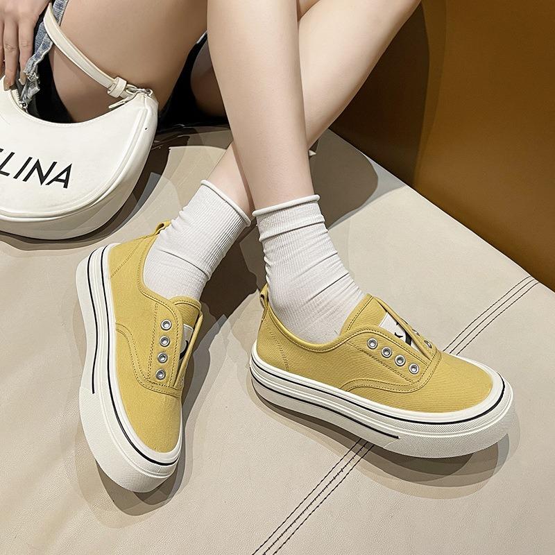 Thick-soled Elastic One-pedal Canvas Shoes for Women's New Versatile Breathable Casual Shoes Heightening Little White Shoes Board Shoes for Women