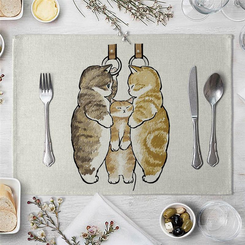 1 Pcs Dining Table Mats Cute Funny Cat Pattern Kitchen Placemat Drink Coasters Western Pad Cotton Linen Cup Mat Table Dining