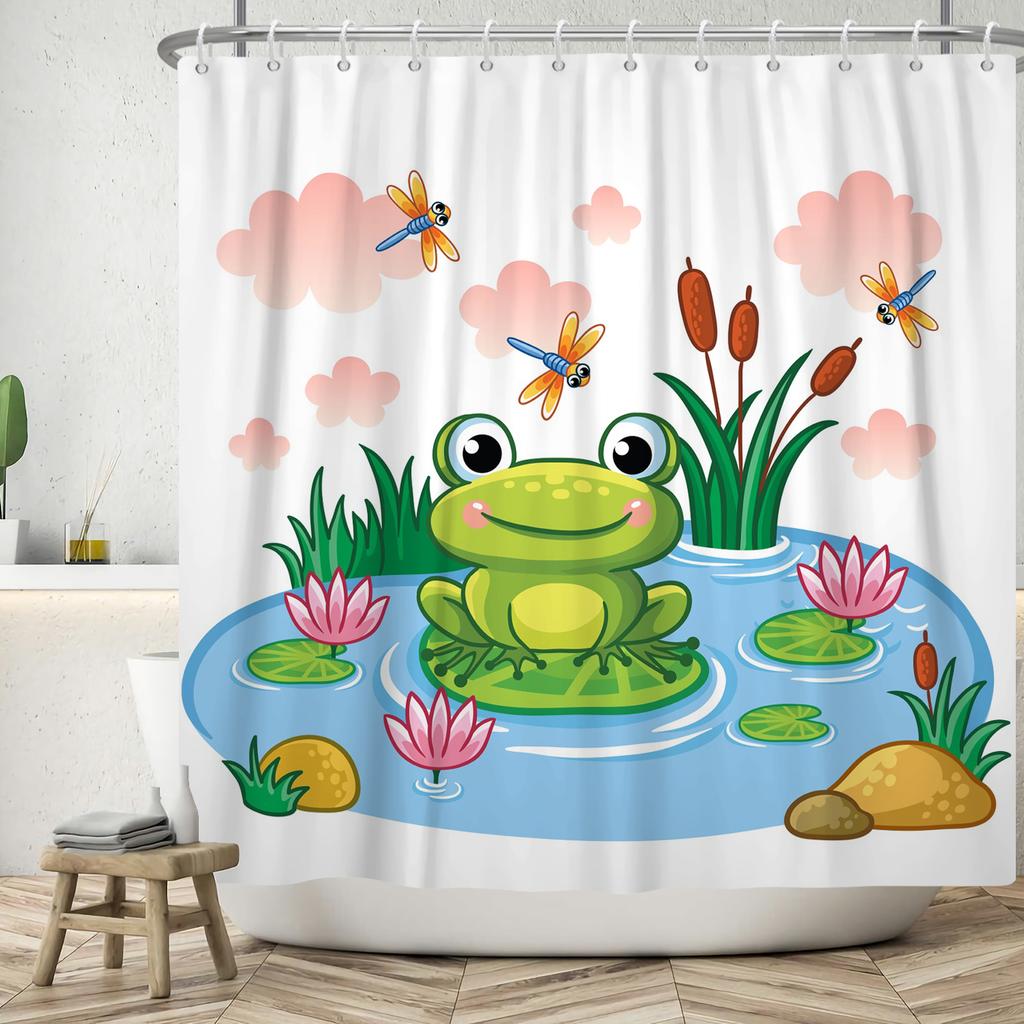 Funny Frog Shower Curtain for Bathroom Mushroom Butterfly Floral Green Plant Cartoon Animal Waterproof Polyester Shower Curtain