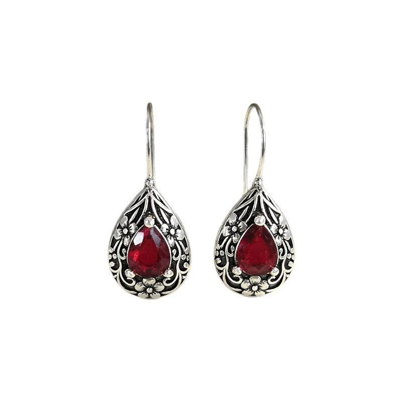 925 Sterling Silver Earrings For Women Trendy Geometric Retro Red Stone Earring Jewelry Prevent Allergy Party Gift Accessories