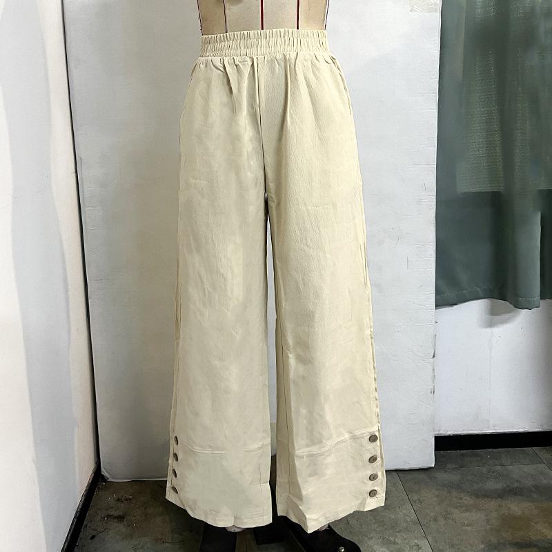 Kadın Düz Renk Lastikli Yüksek Bel Cepli Düğme Süslemeli Günlük Pantolon