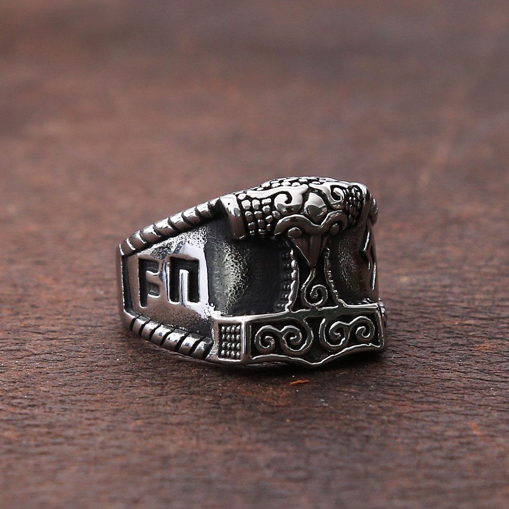 Norse Mythology Viking Thor's Hammer Ring Men Retro Stainless Steel Odin Celtics Knot Ring Biker Amulet Viking Jewelry