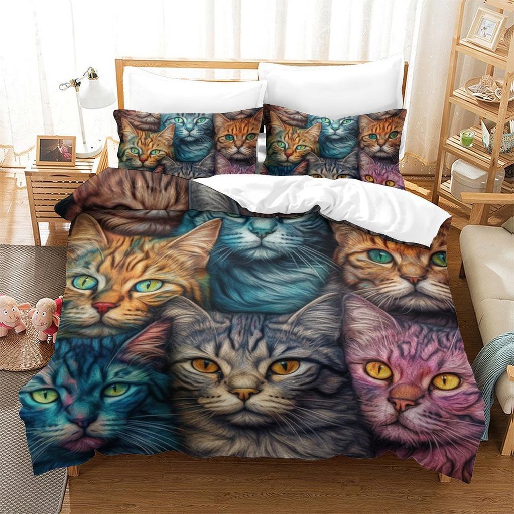 Colorful Cat 3D Digital Printing Polyester Quilt Cover Two Or Three Pieces Can Be