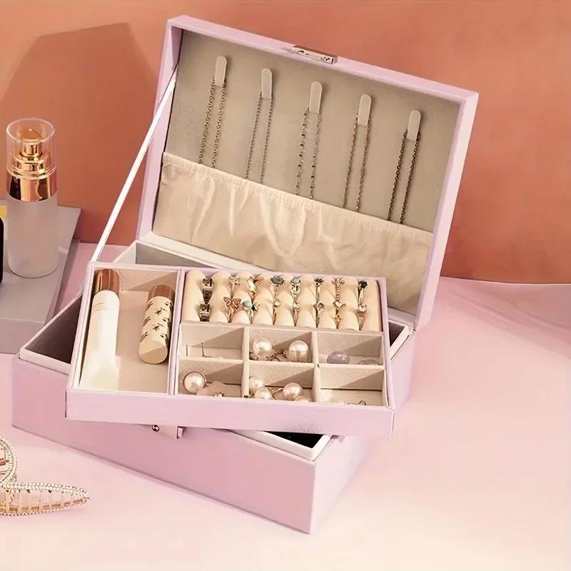 1pc- Portable Jewelry Box Jewelry Organizer Display Travel Jewelry Case Boxes Button Leather Storage Jewelers