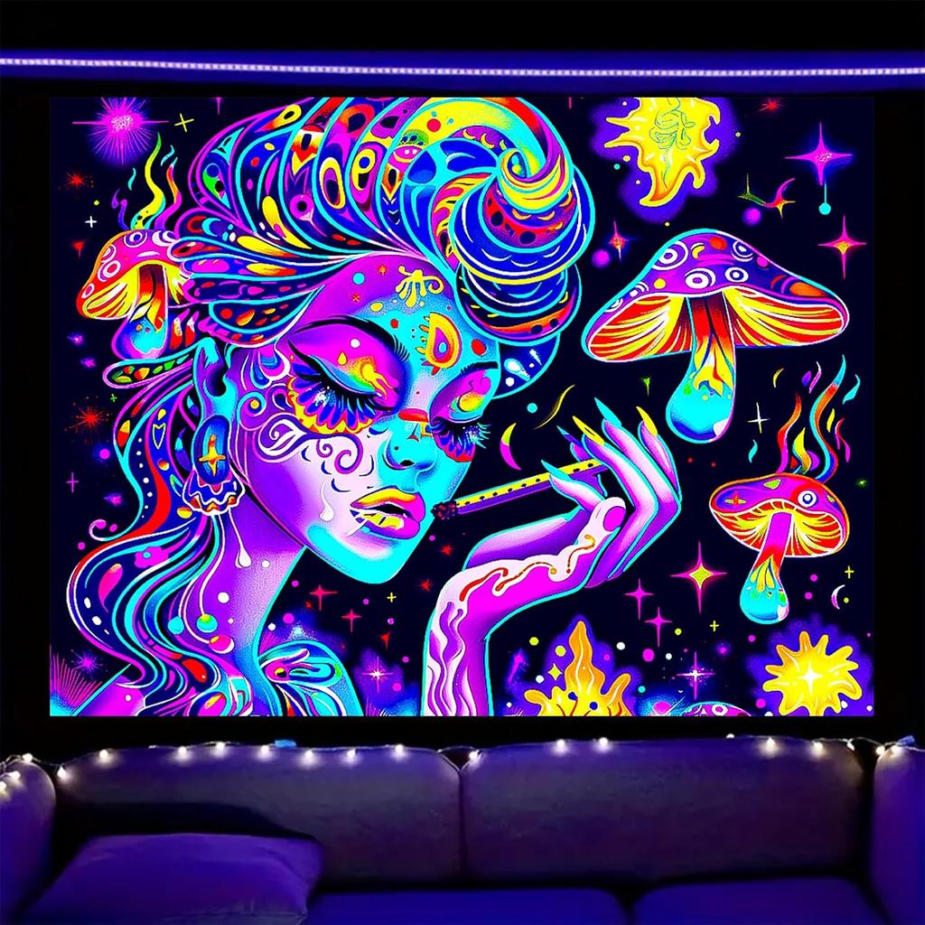 Nuxovilar UV Reactive Tapestry – Skull and Mushroom Scene Blacklight Wall Hanging, Enchanted Forest Glow Art for Bedroom and Living Room Decor,