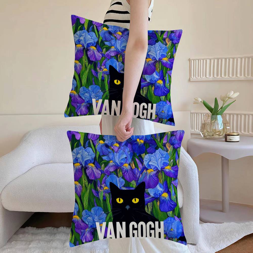 The Cute Cat In Van Gogh's Pillowcase, Soft and Comfortable, Sofa Cushion Cover, Suitable for All Kinds of Rooms and Places