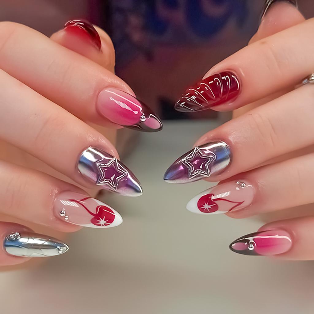 24PCS Blush Almond Fake Nails with Star Print Easy Effortless Application To Nails for Fingernail DIY Decoration