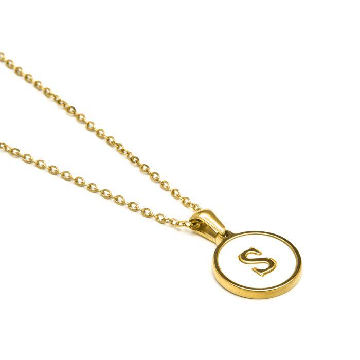 Collier - LUXENTER - Alphabet S - Nacre Blanche - Or Jaune 18K - 42 Cm + 3 Cm D'extension