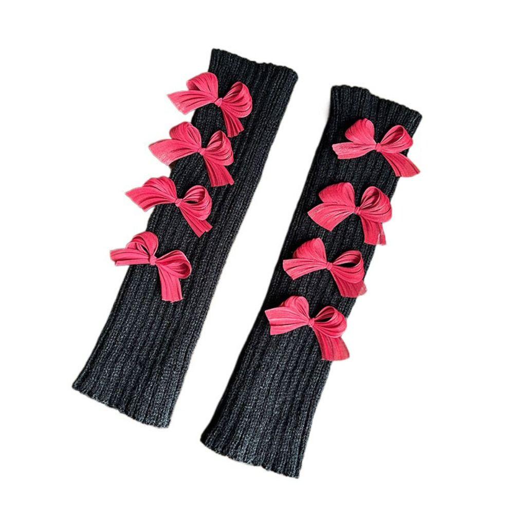 Solid Color Bow Knitted Gloves Y2k Wool Sleeve Cuff Elastic Fingerless Gloves  Ladies