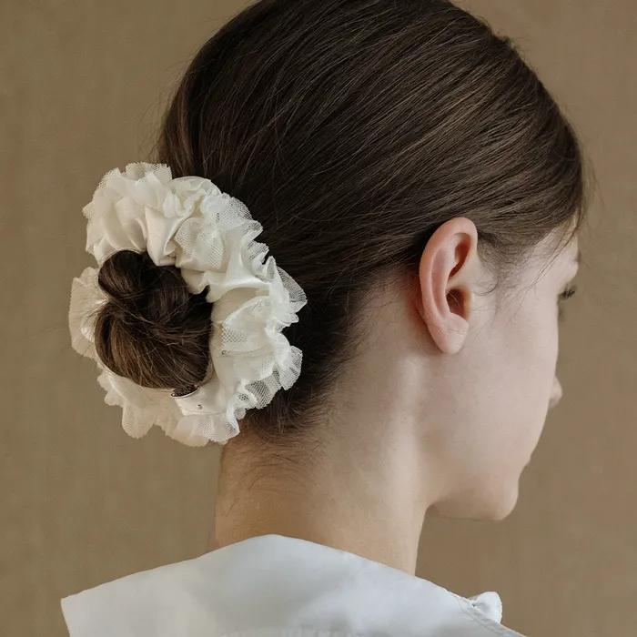 EN005 Glitter Pleated Scrunchie (Ivory, Black)