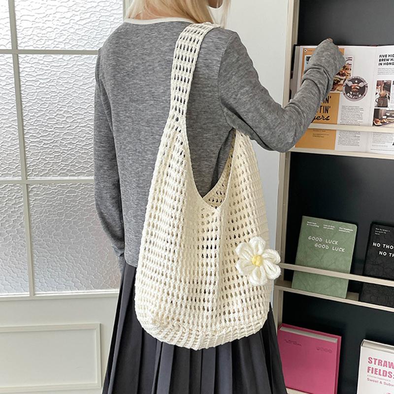 Solid Color Knitting Shoulder Bag Flower Large Capacity Bohemian Crochet Tote Bag Hollow Out Versatile Casual Woven Handbag