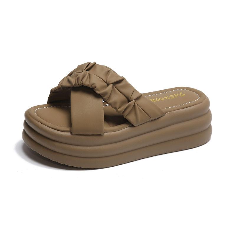 

Folded muffin slippers outer wear women s 2025 summer new soft bottom cross belt thick bottom beach Roman cool slippers women 40 хакі