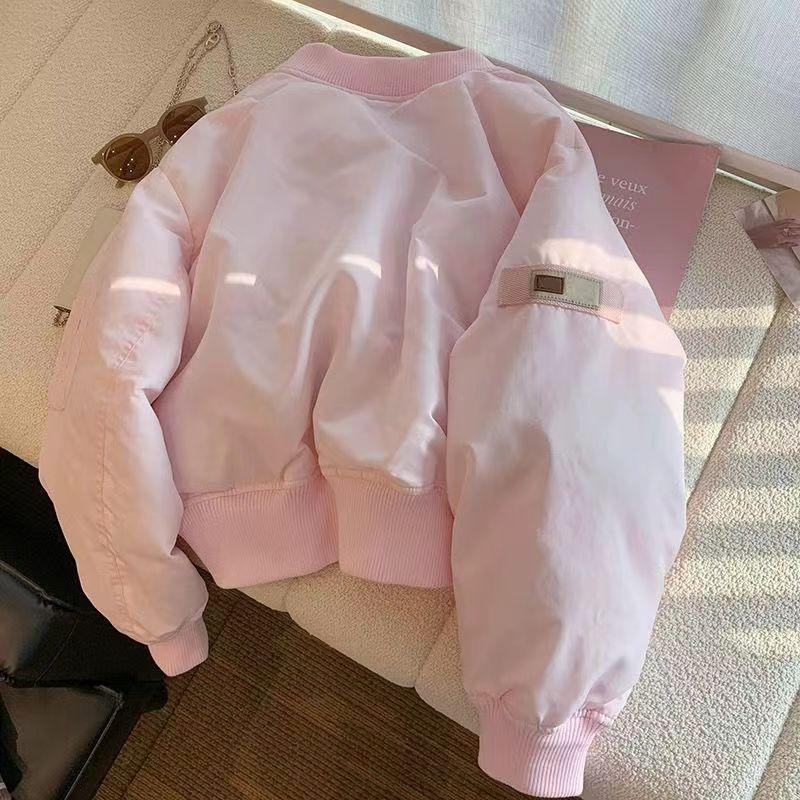 Rosa Jacka i Baseballstil Vinter Varm Vadderad Kappa Kort Ståkrage Söt Ungdomlig Mode Ytterkläder