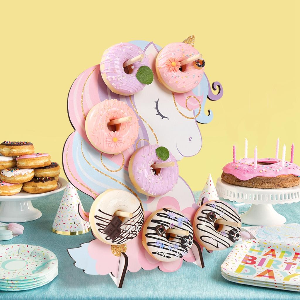 Unicorn Wooden Donut Stand Wall Dessert Doughnut Table Holder Unicorn Birthday Party Decor Baby Shower Wedding Party Supplies
