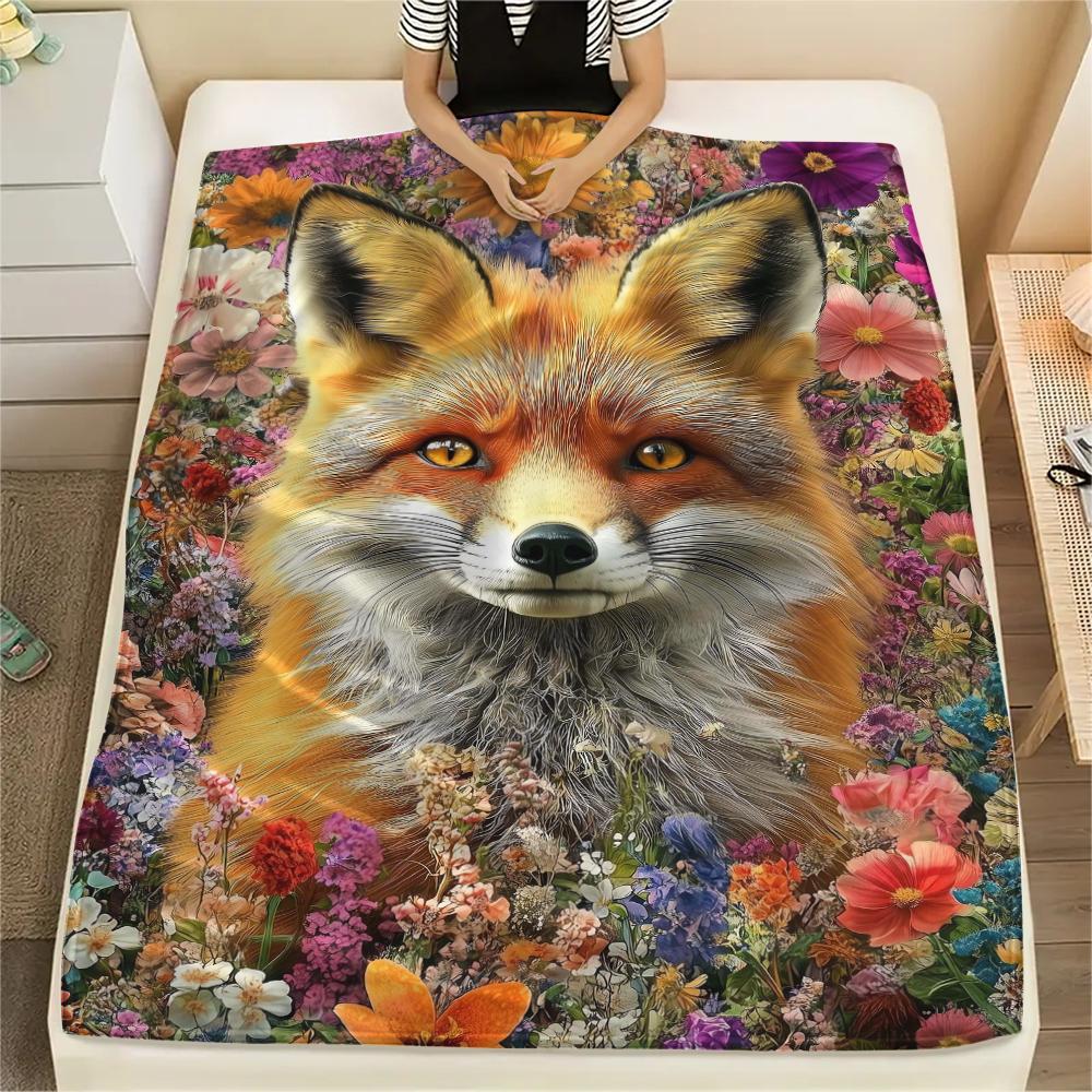 1Pc 3D Fox Print Flannel Blanket, High quality Comfortable for All Seasons, Home Decor, Warmth and Comfort, Perfect for Christmas Gifts