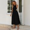 Abito midi da donna a maniche corte con collo alto, tinta unita, linea ad A, casual, senza schiena, lungo