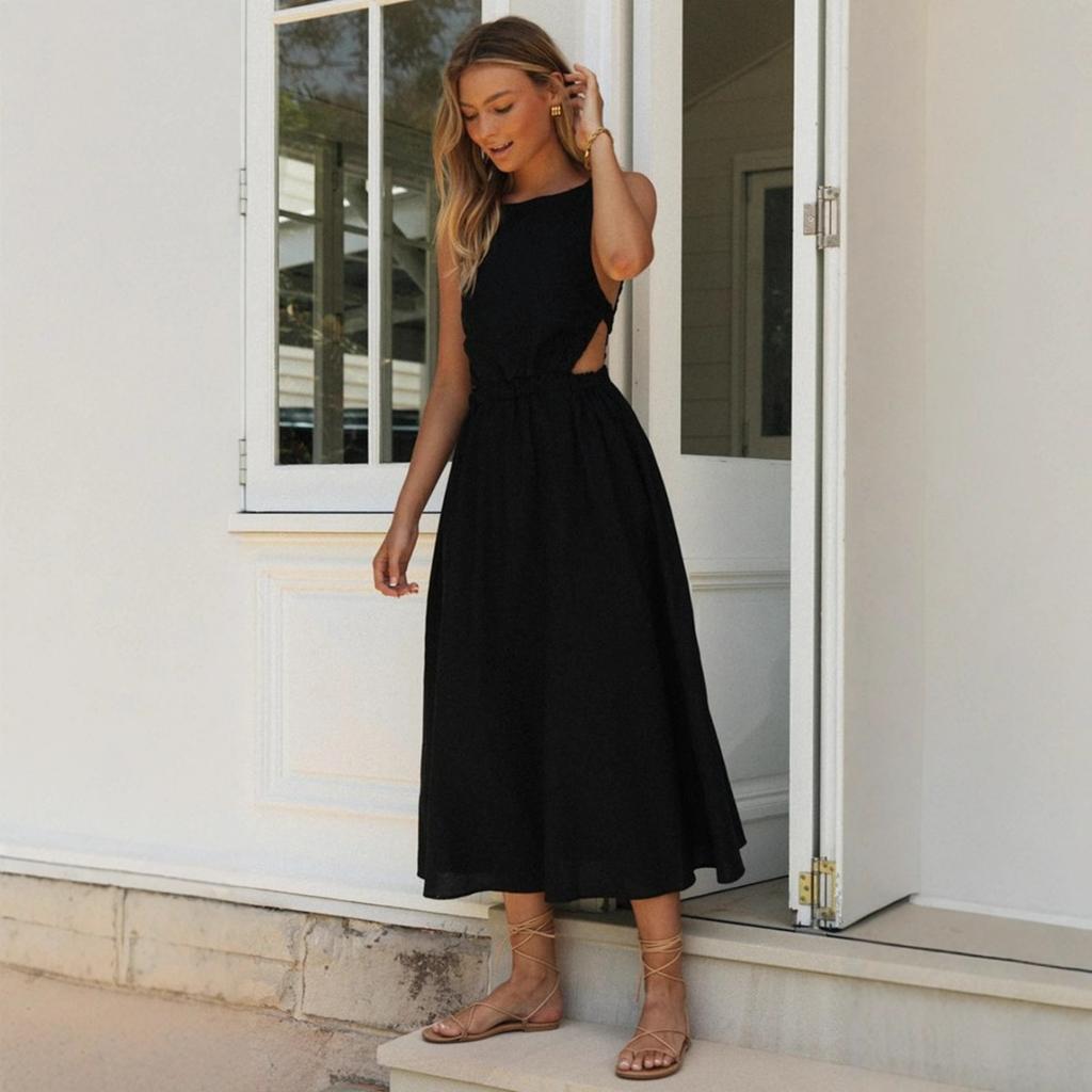 Abito midi da donna a maniche corte con collo alto, tinta unita, linea ad A, casual, senza schiena, lungo