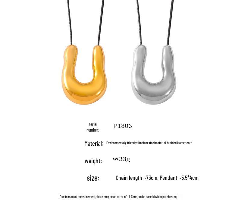Women's Black Horseshoe Leather Cord Pendant Necklace - Titanium Steel, Fashionable & Versatile