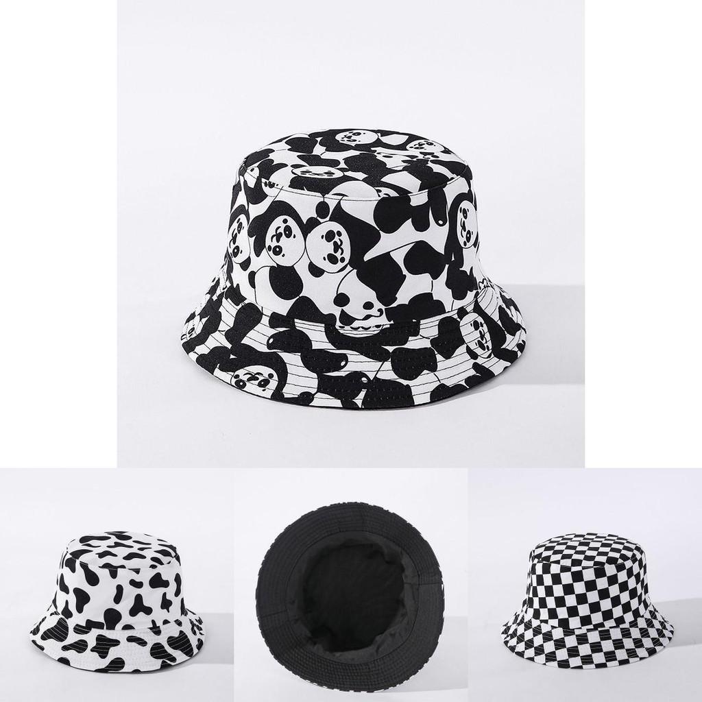 Stylish Black White Print Folding Fisherman Bucket Hat With Smiley Face Patch For Unisex Use