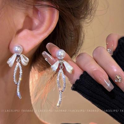 S925 Silver Bow Earrings with Sparkling Diamonds and Long Tassels for Women