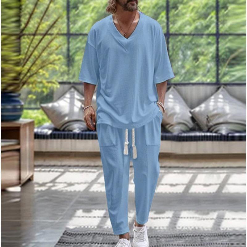 Men Casual V Neck Short Sleeve T Shirt And Long Pants Two Piece Beach Set