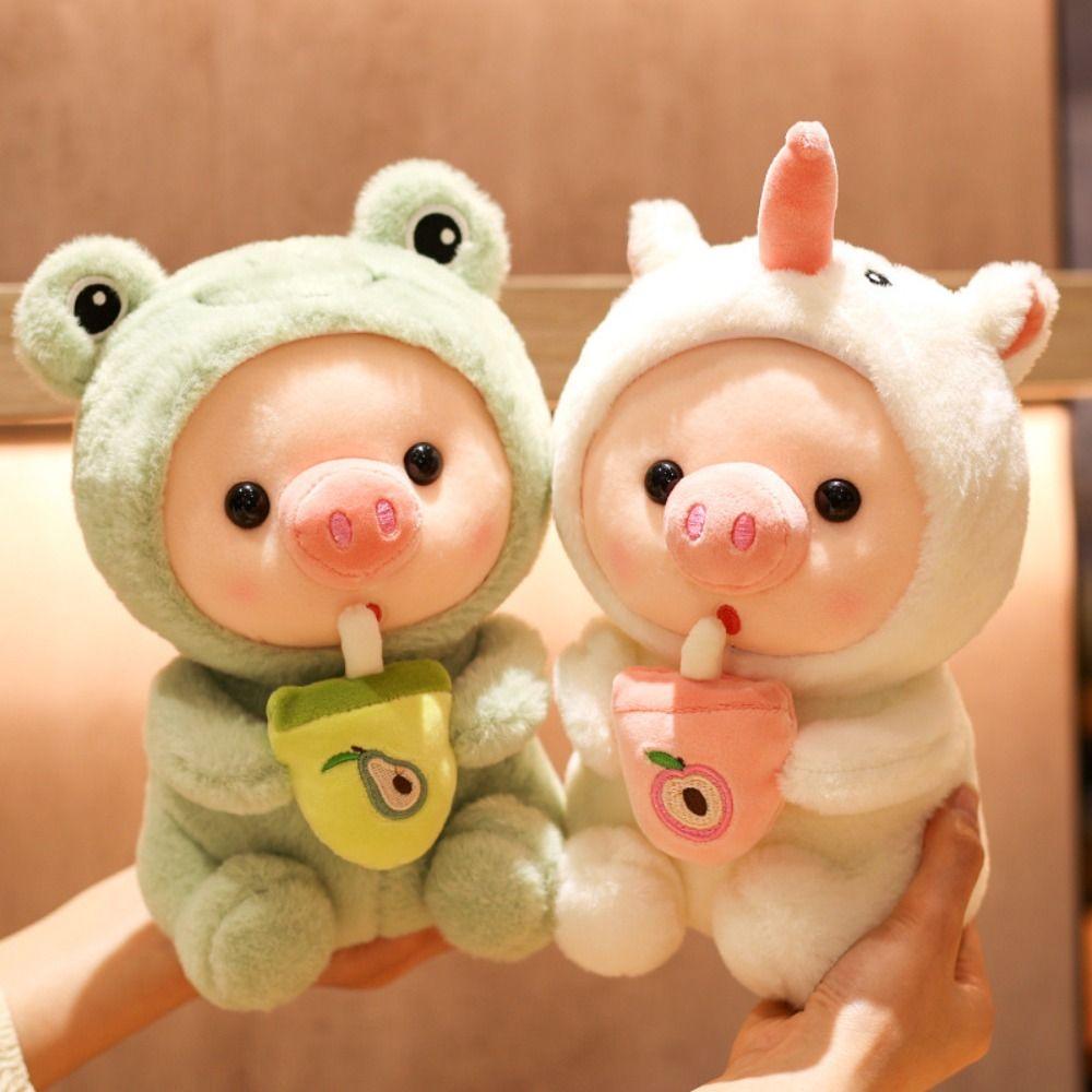 Rabbit Hat Cartoon Pig Plush Toy Cute Cartoon Design Stuffed Animals Milk Tea Plush Toy  Girls Gift