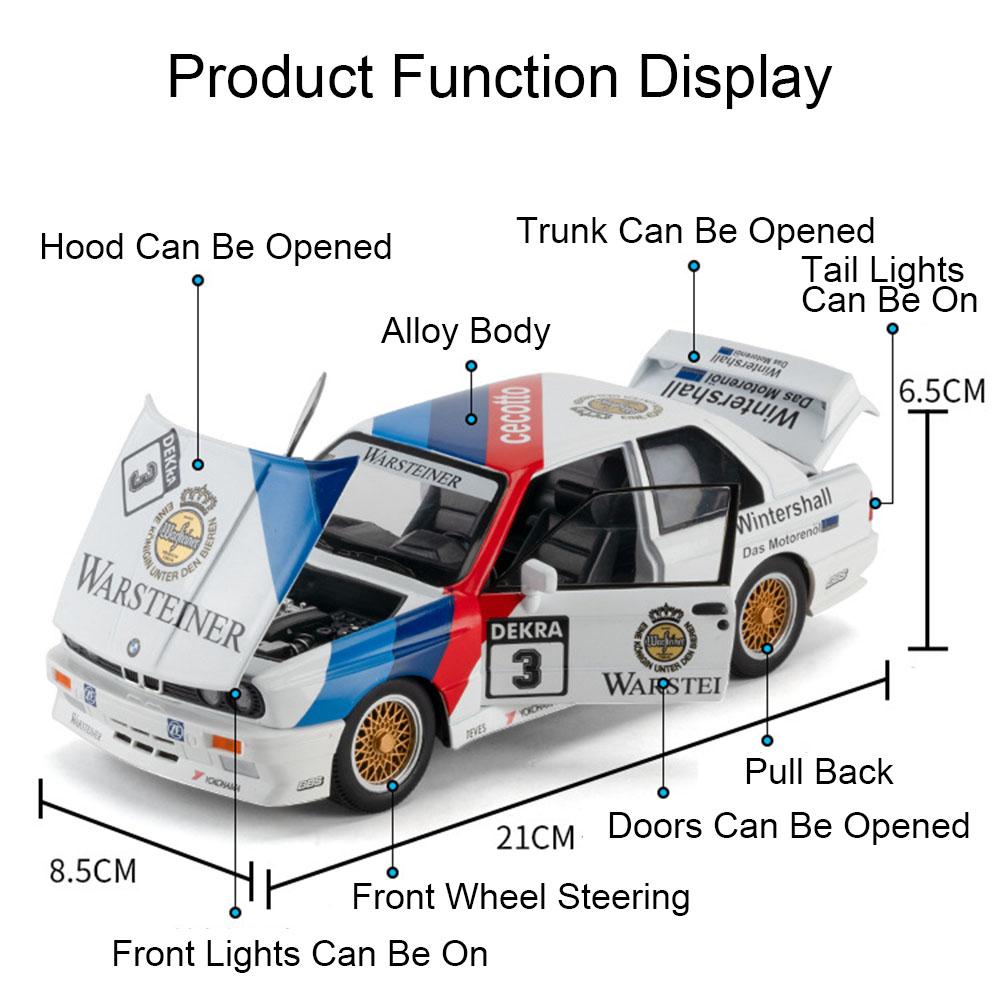 1:24 Scale M3 M4 Car Model Toy Diecast Metal Doors Opened Wheel Steering Miniature Racing Cars Models Sound Light Toys for Boys